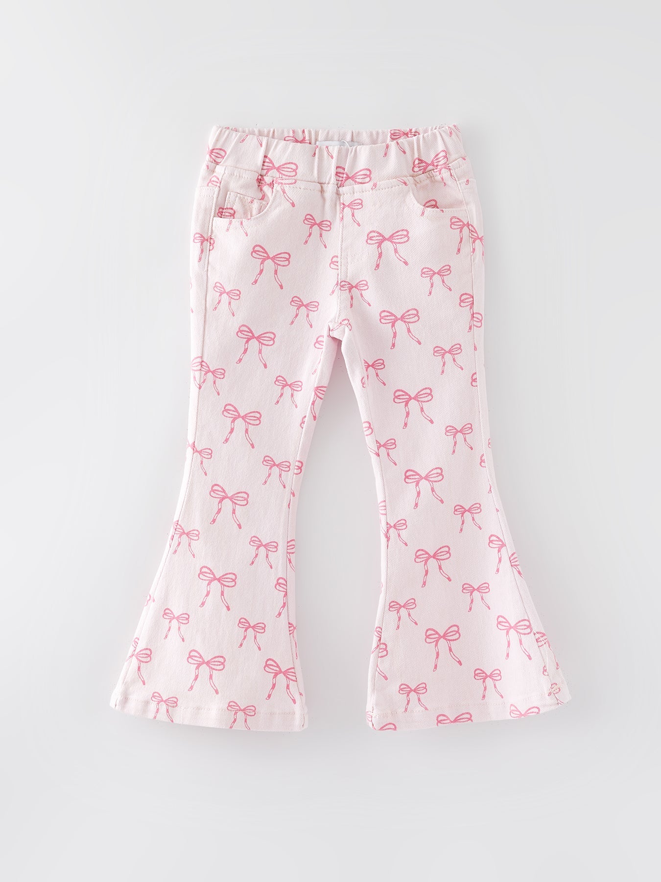 Three Little Tots Fall Girls Pink Bow Print Elastic Flared Jeans Denim pant