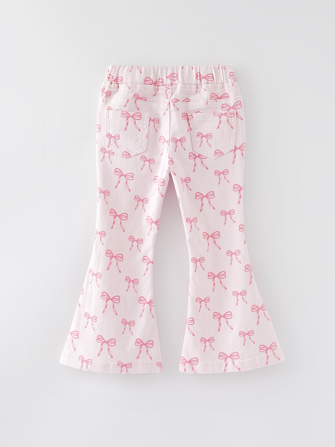 Three Little Tots Fall Girls Pink Bow Print Elastic Flared Jeans Denim pant, additional product photo