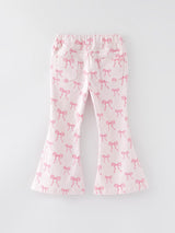 Three Little Tots Fall Girls Pink Bow Print Elastic Flared Jeans Denim pant, additional product photo
