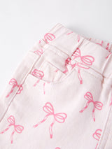 Three Little Tots Fall Girls Pink Bow Print Elastic Flared Jeans Denim pant, alternate angle
