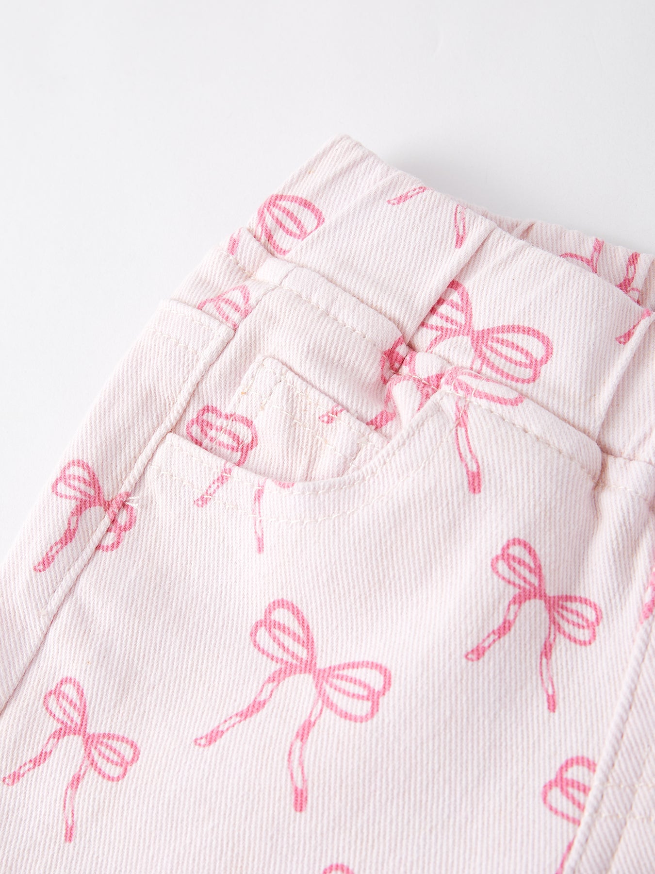 Three Little Tots Fall Girls Pink Bow Print Elastic Flared Jeans Denim pant, alternate angle