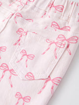 Three Little Tots Fall Girls Pink Bow Print Elastic Flared Jeans Denim pant, additional view