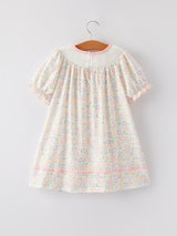 Spring Summer Cross Smocking Embroidery Colorful Dress