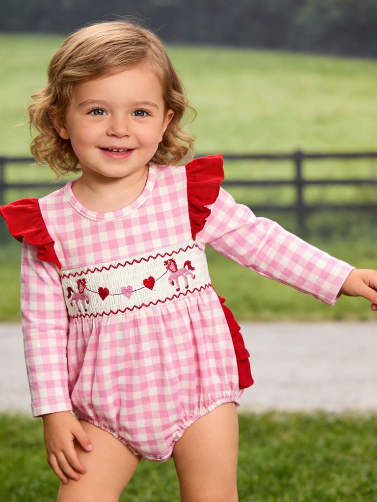 Valentine Pink Plaid Baby Girls Romper with Horse & Heart Smocking
