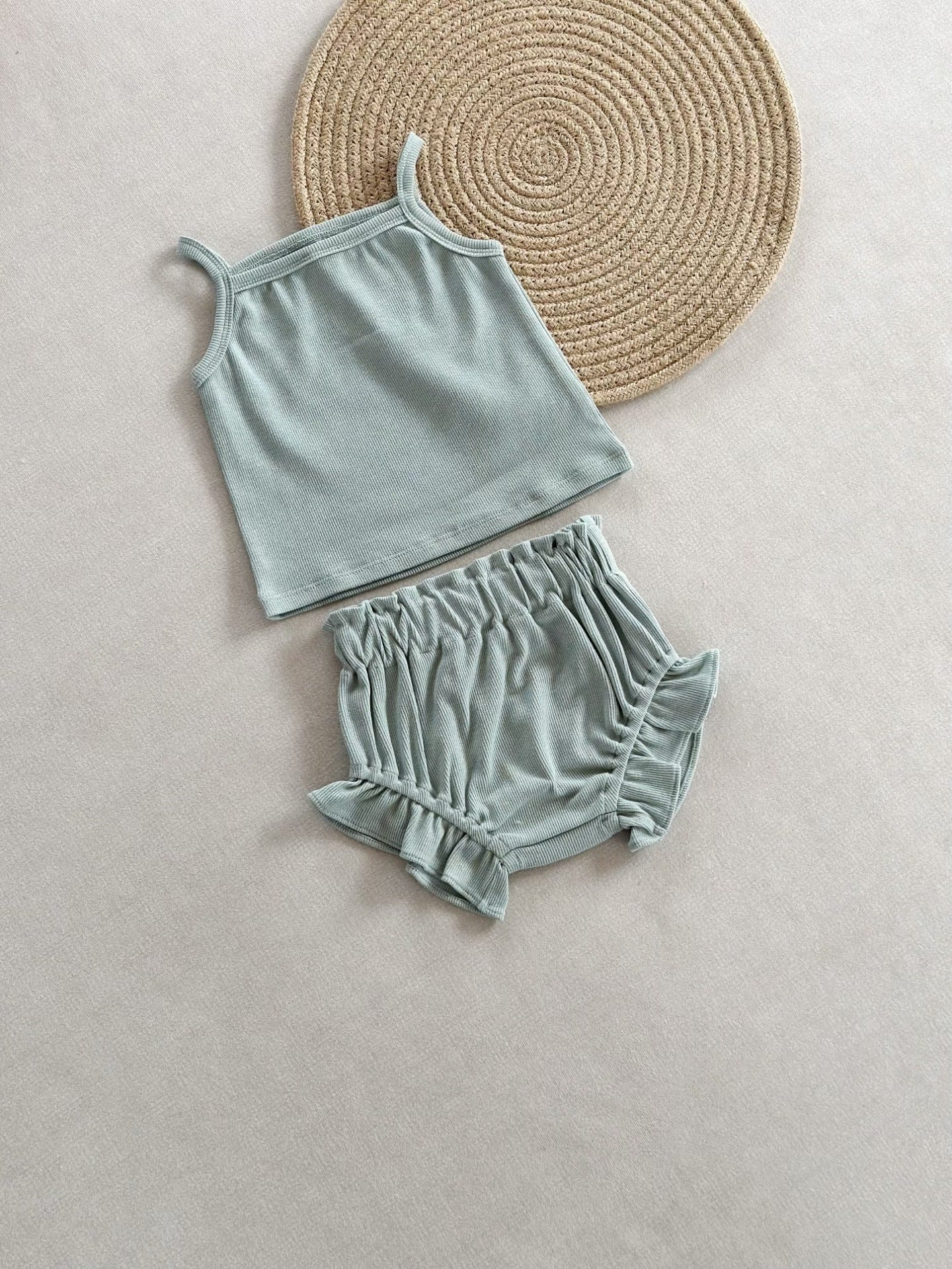 Summer Ribbed Tank Top and Ruffle Short Set