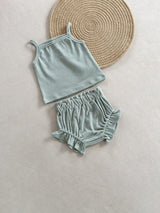 Summer Ribbed Tank Top and Ruffle Short Set