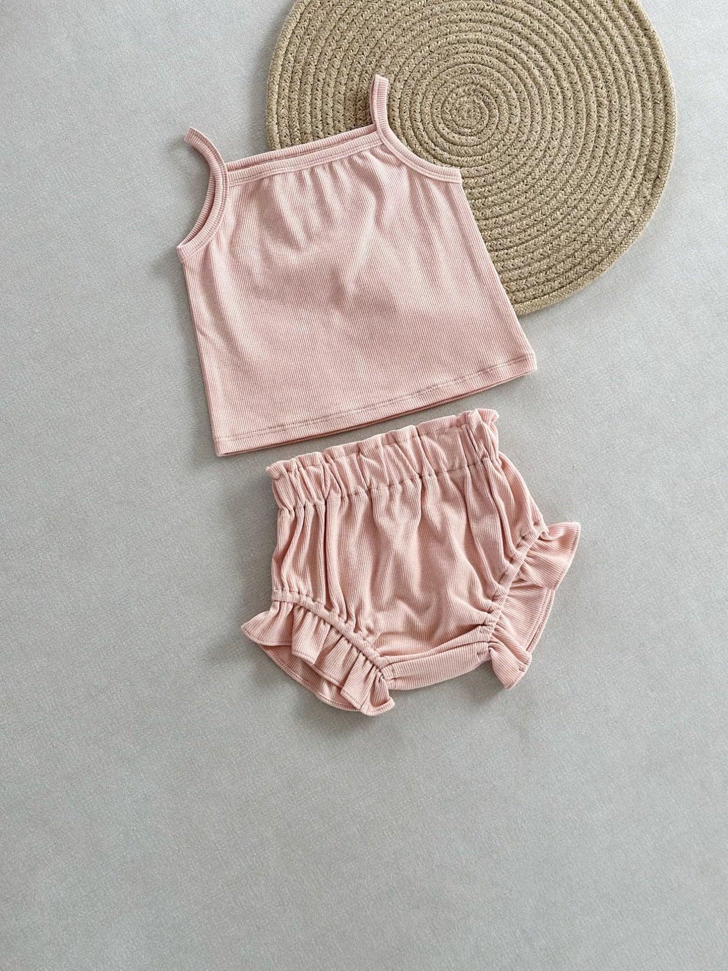 Summer Ribbed Tank Top and Ruffle Short Set