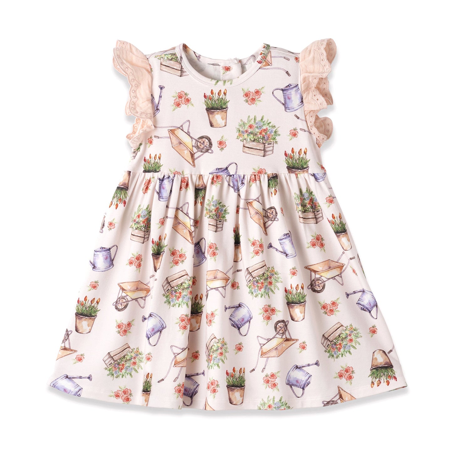 Children's dress with gardening-themed print on a white background