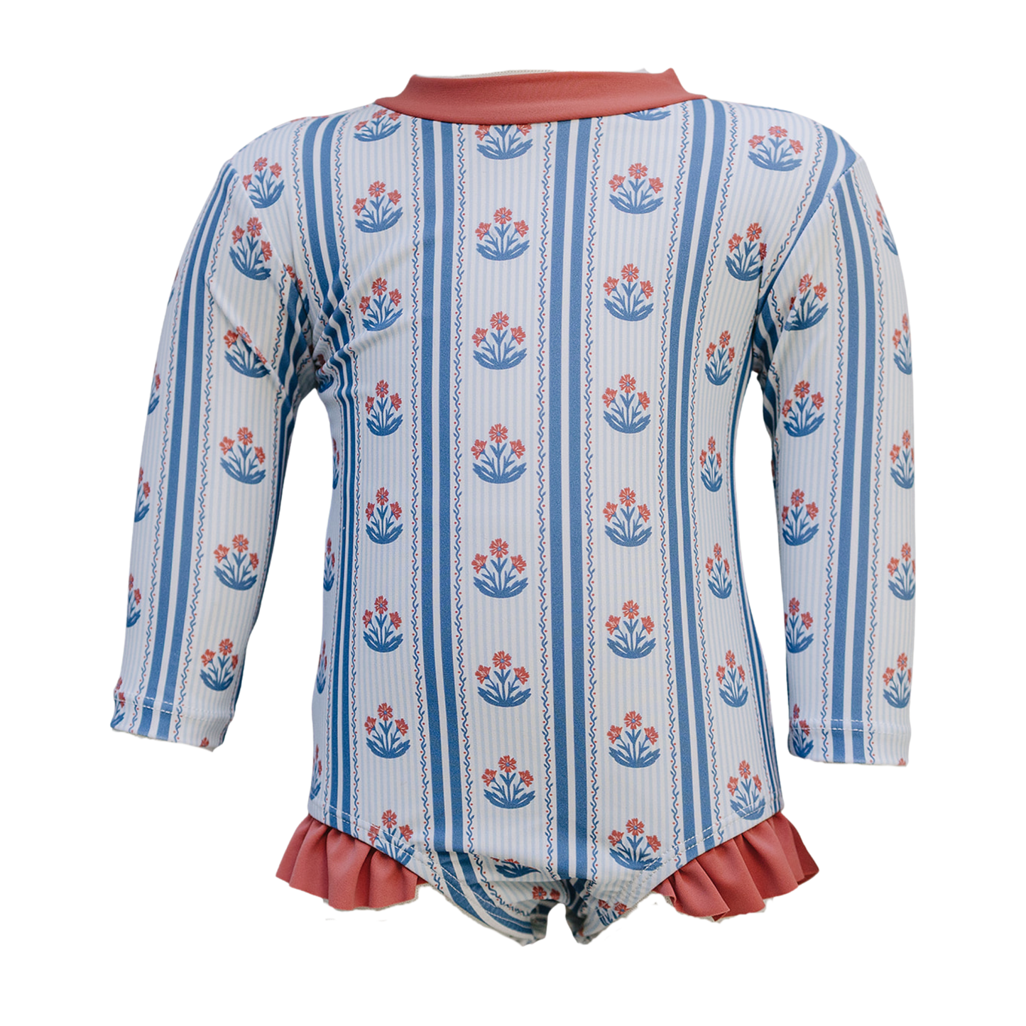 Children's romper with floral pattern and red accents on a white background