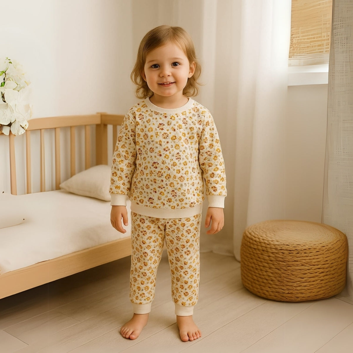 Child wearing a floral pajama set standing in a bedroom.