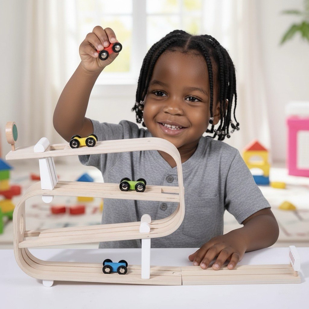 Three Little Tots Wooden Car Ramp Racer Montessori Rolling Track Toy for Toddlers