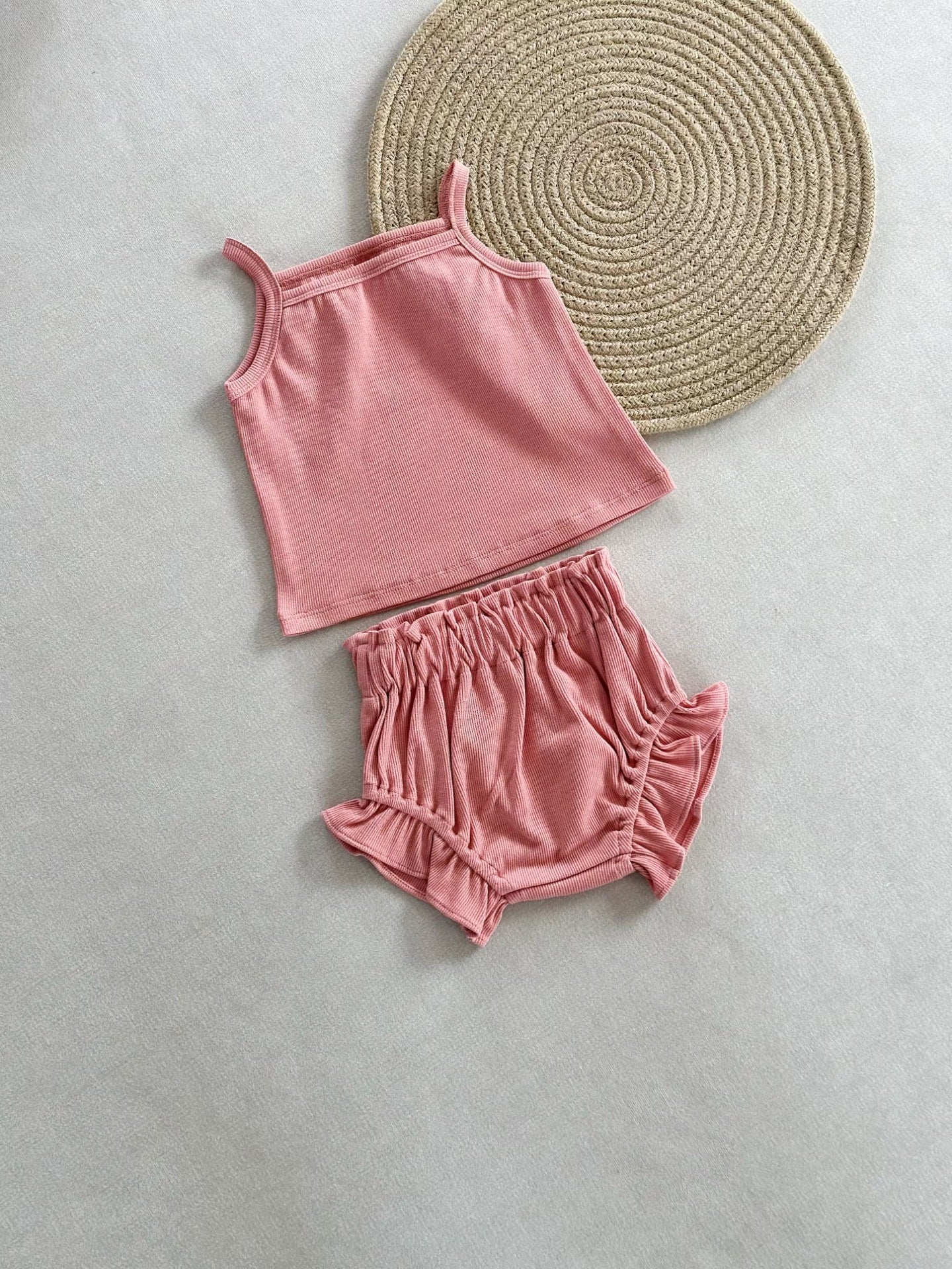 Summer Ribbed Tank Top and Ruffle Short Set