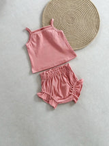 Summer Ribbed Tank Top and Ruffle Short Set