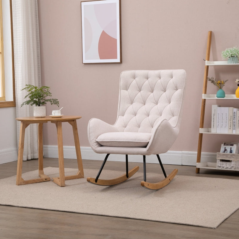 HOMCOM Mid-Century Fabric Nursery Rocker in Cream White