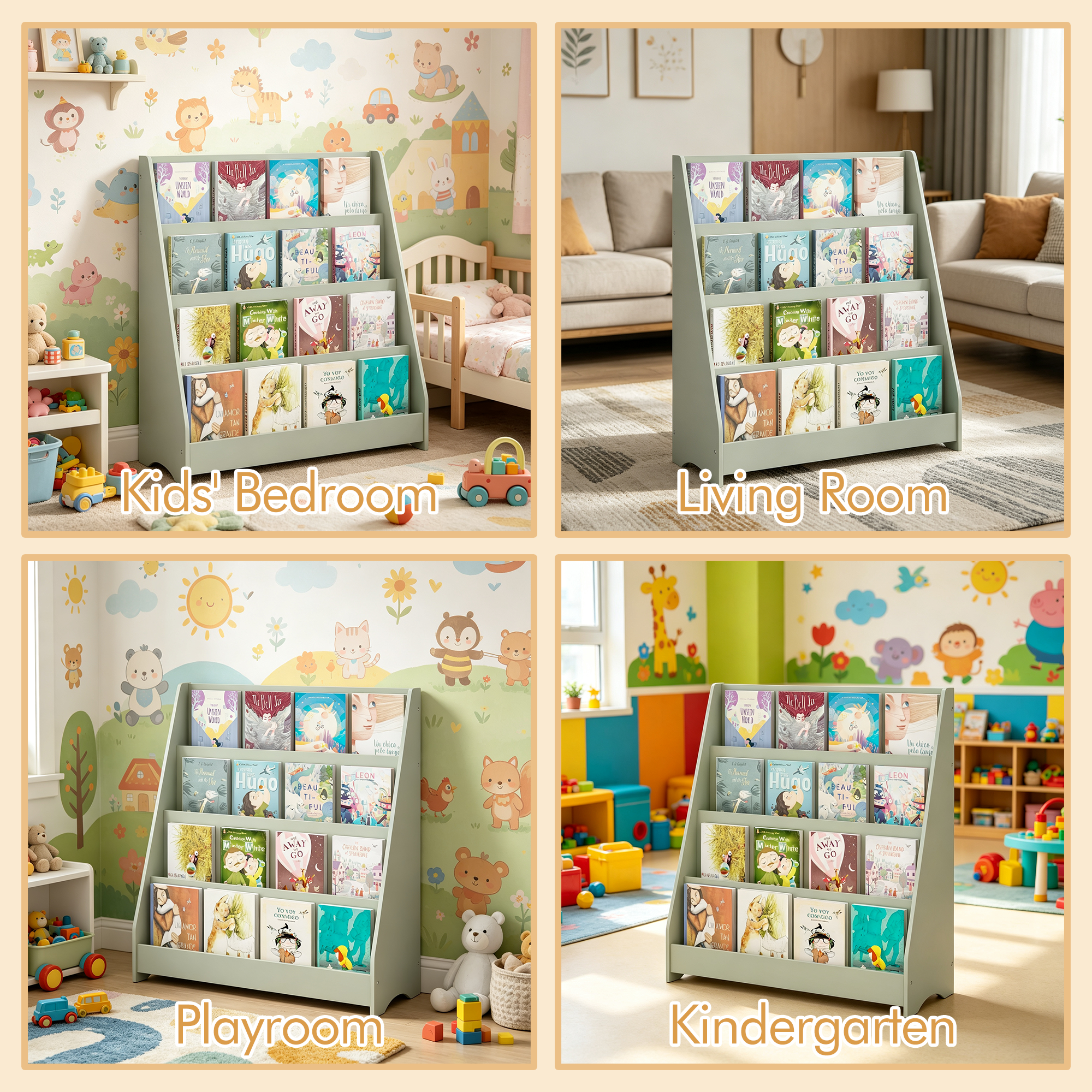 MOONRIVER 4-Tier Kids Bookshelf, Toddler Book Display Shelves, Sage (Open Box)