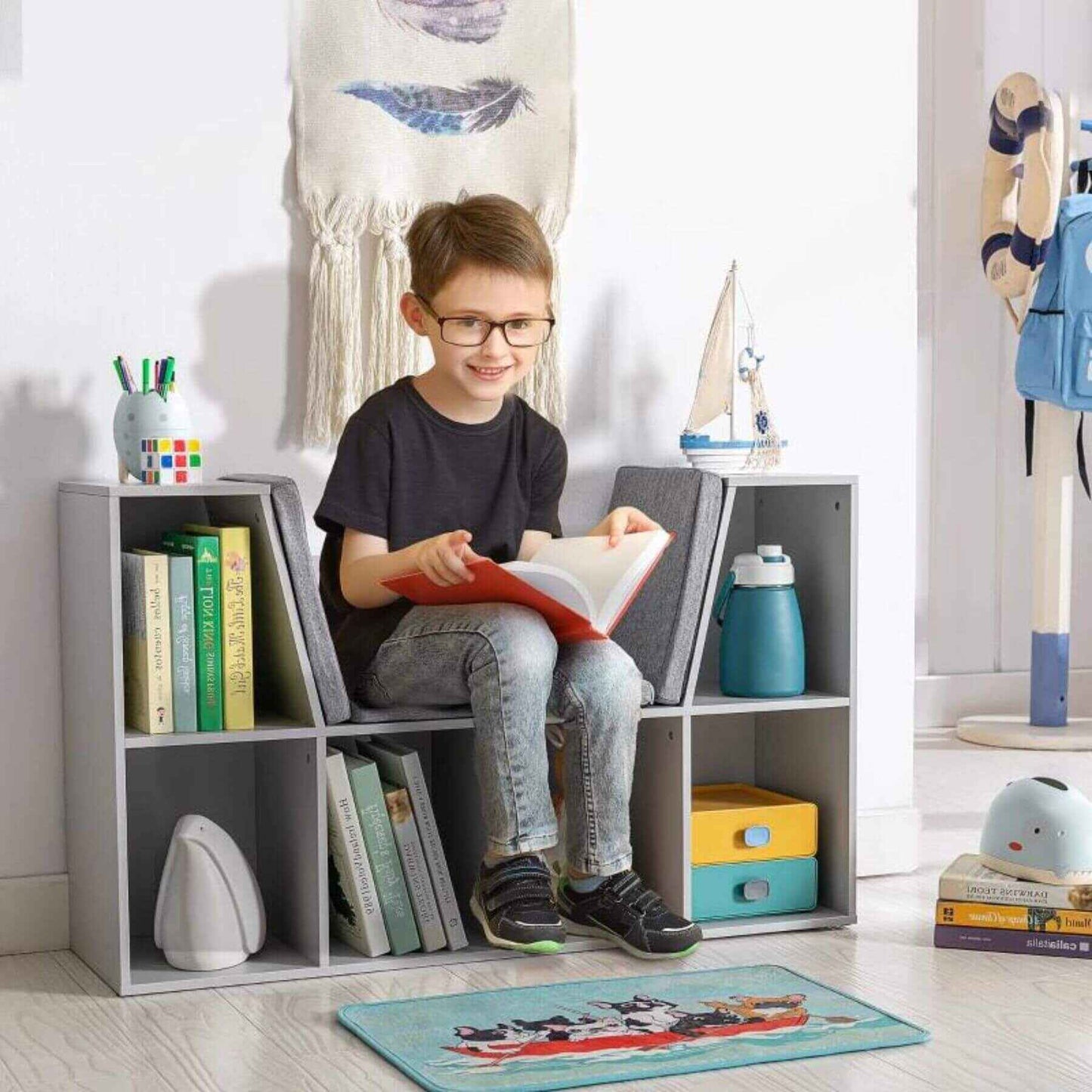 HOMCOM 6-Cubby Kids Bookcase with Reading Nook and Cushion, White