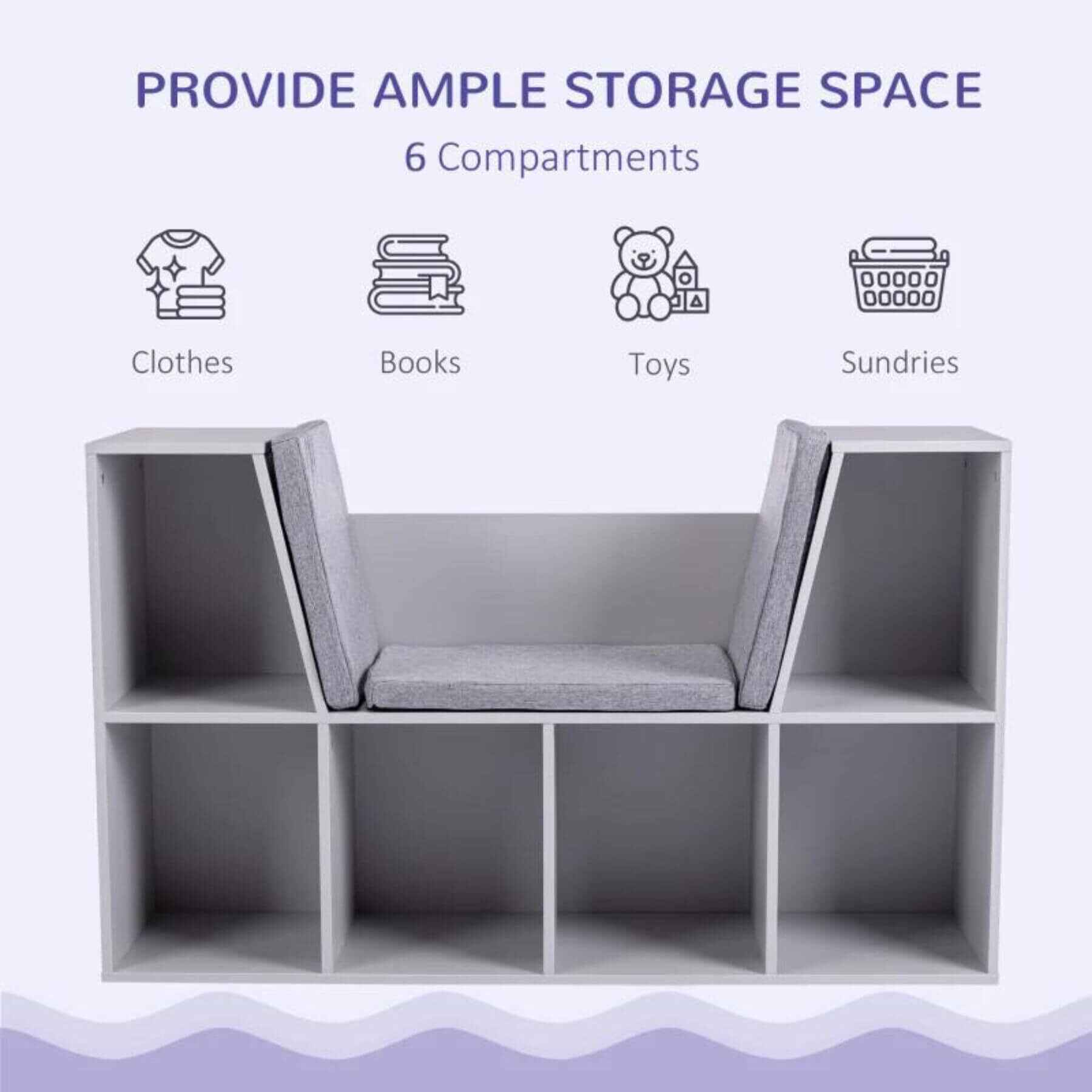 HOMCOM 6-Cubby Kids Bookcase with Reading Nook and Cushion, White