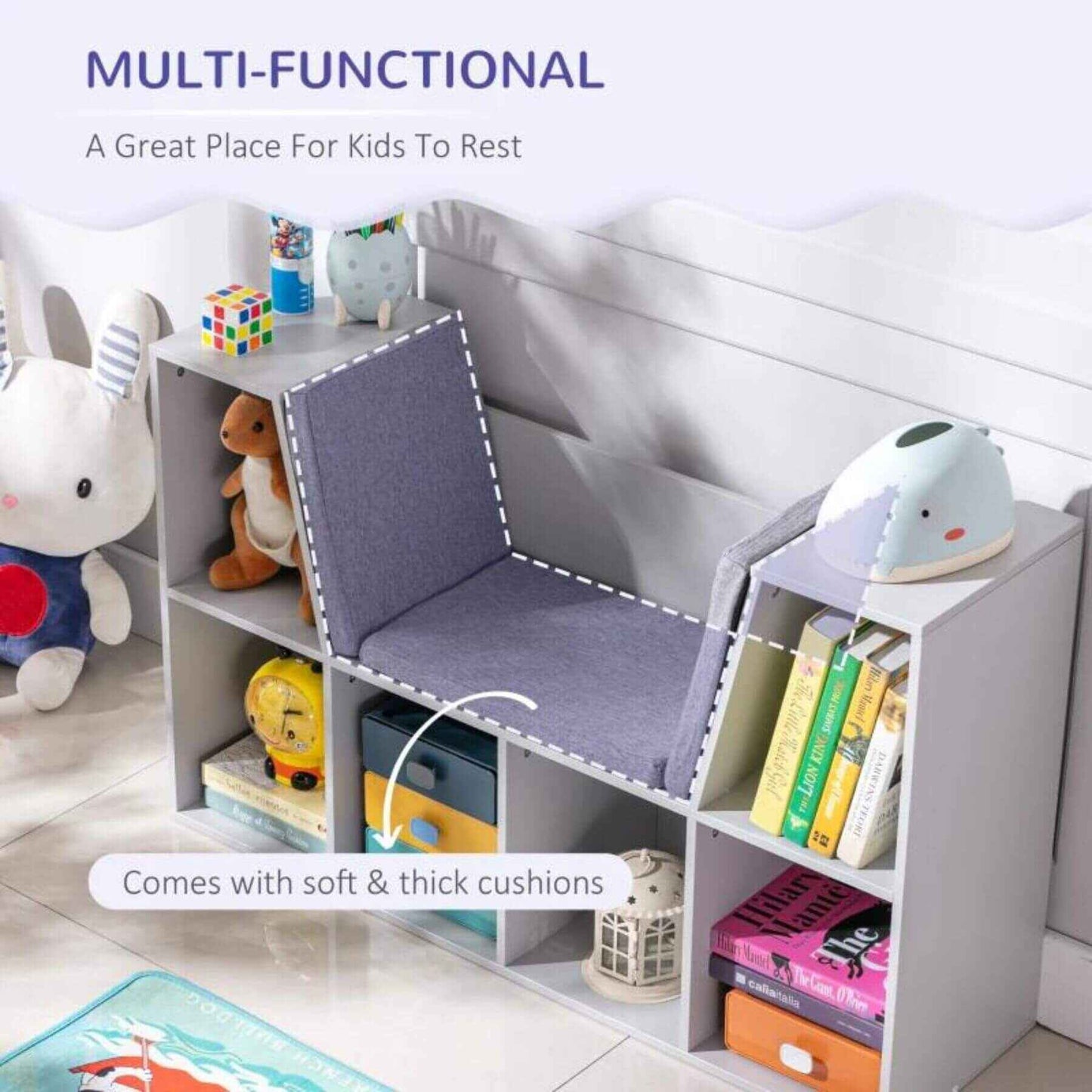 HOMCOM 6-Cubby Kids Bookcase with Reading Nook and Cushion, White