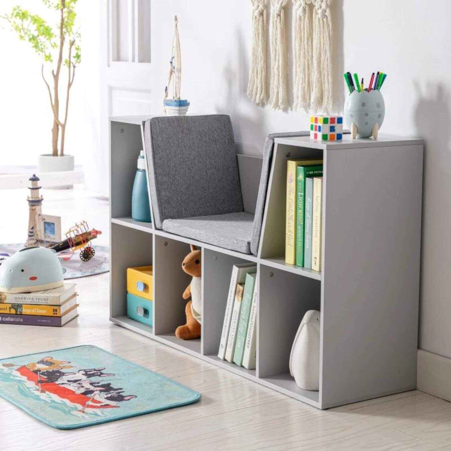 HOMCOM 6-Cubby Kids Bookcase with Reading Nook and Cushion, Gray