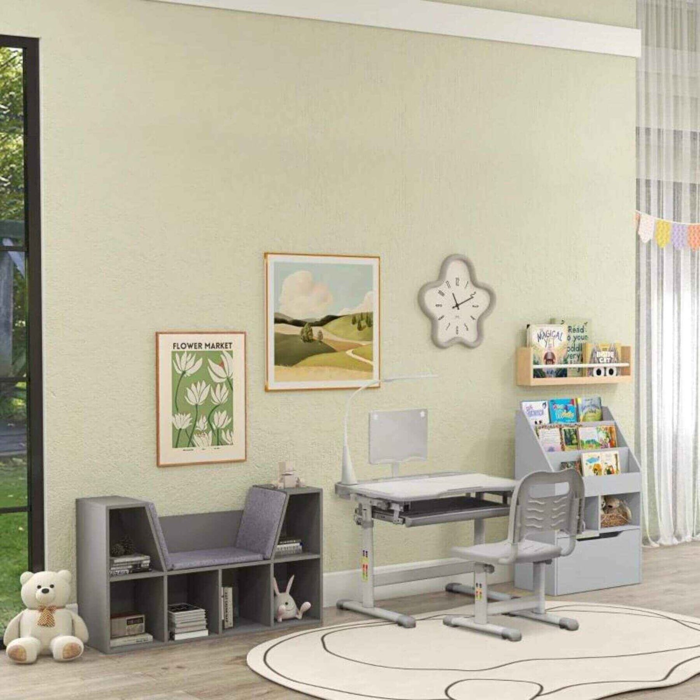 HOMCOM 6-Cubby Kids Bookcase with Reading Nook and Cushion, Gray