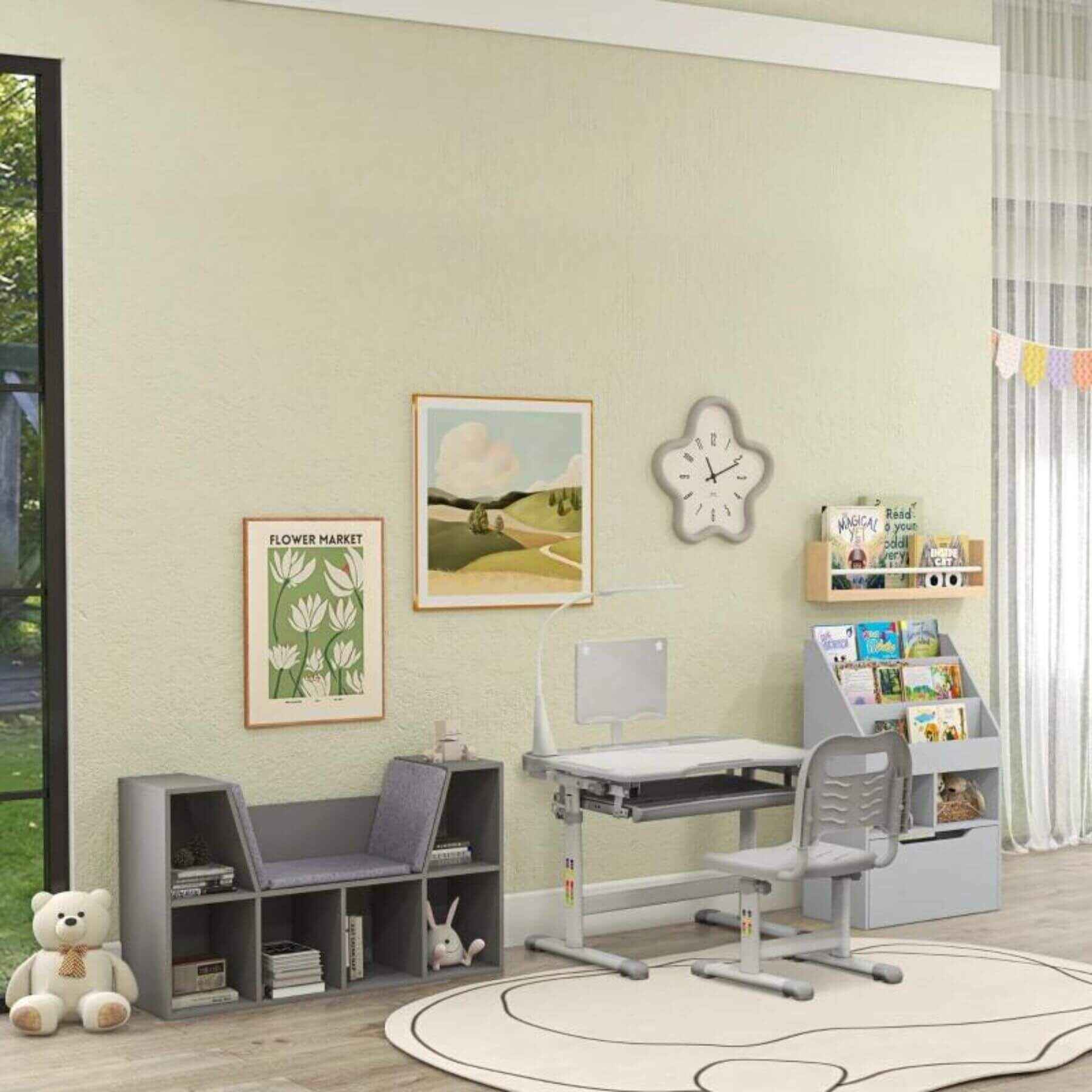 HOMCOM 6-Cubby Kids Bookcase with Reading Nook and Cushion, Gray