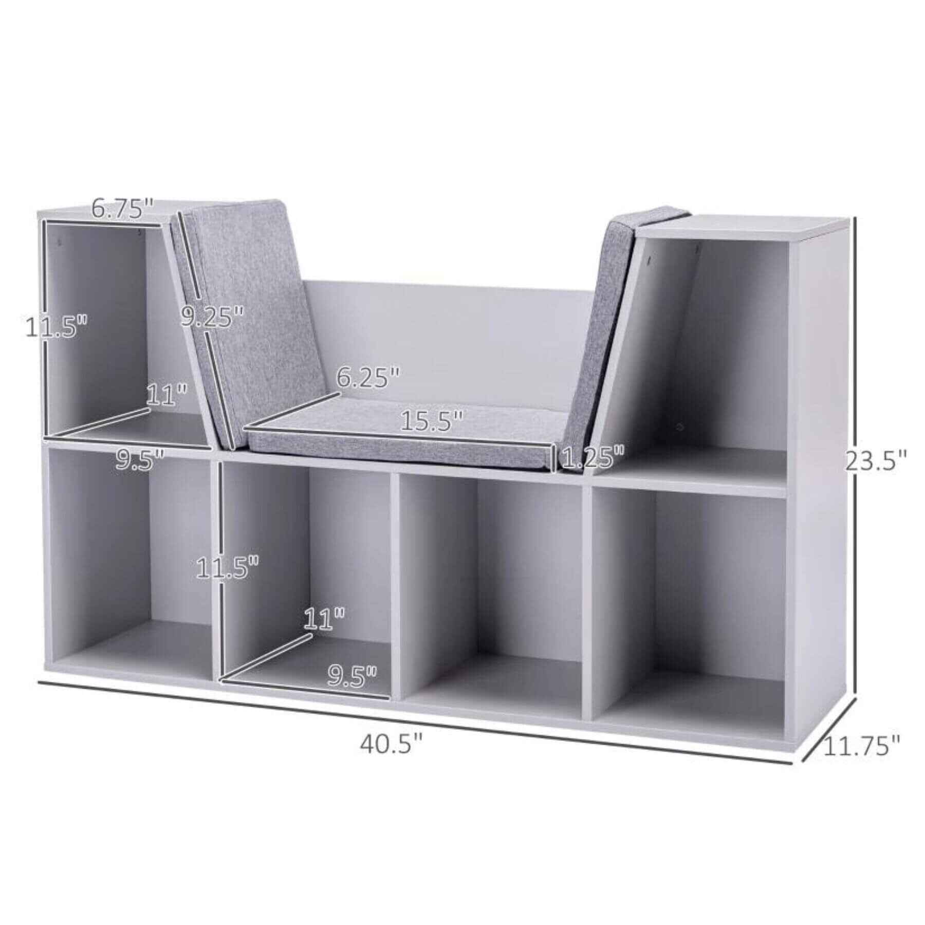 HOMCOM 6-Cubby Kids Bookcase with Reading Nook and Cushion, Gray