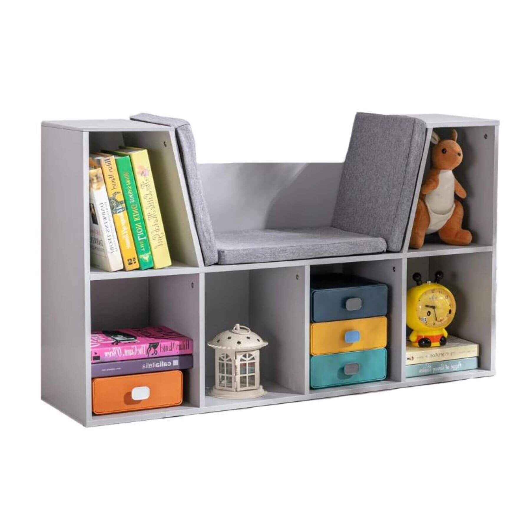 HOMCOM 6-Cubby Kids Bookcase with Reading Nook and Cushion, Gray