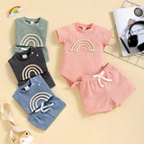 Rainbow Waffle Four-color Side Button Short Sleeve Baby Bodysuit Shorts Set