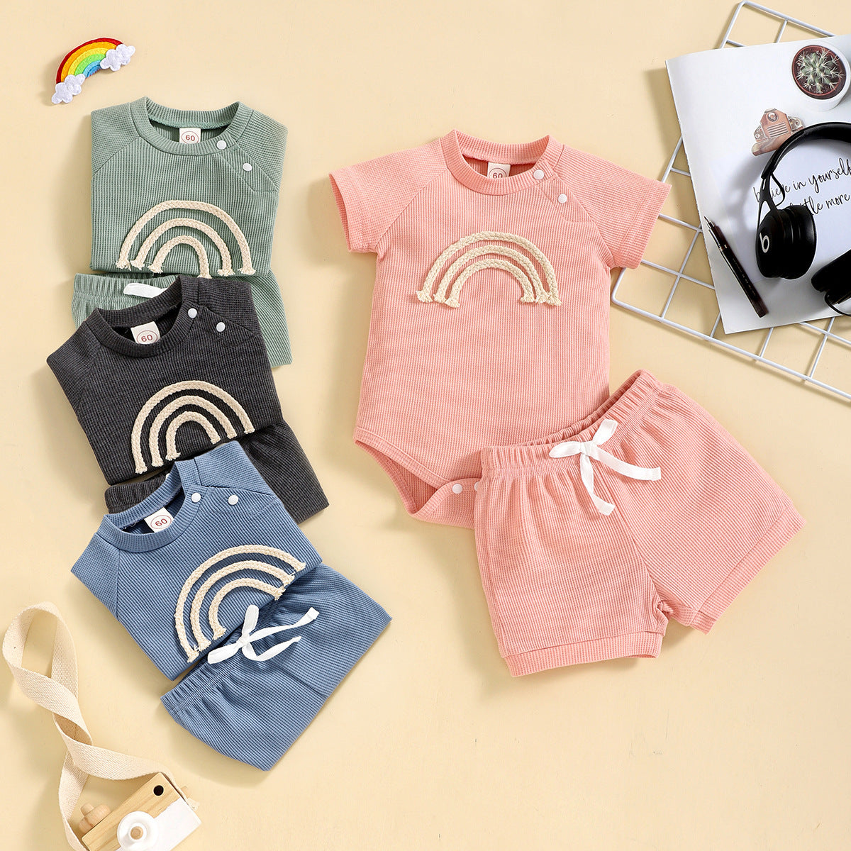 Rainbow Waffle Four-color Side Button Short Sleeve Baby Bodysuit Shorts Set