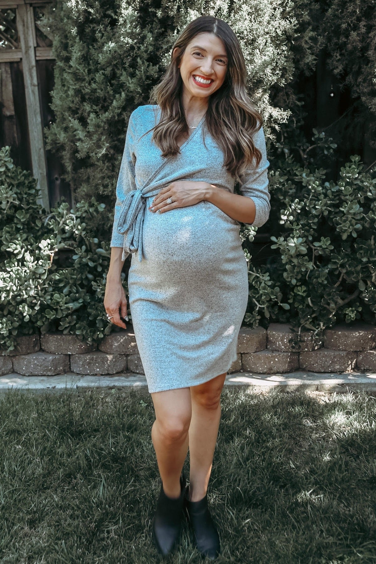 Three Little Tots Heather Grey Brushed Knit Wrap Fitted Maternity Nursing Dress, second additional photo