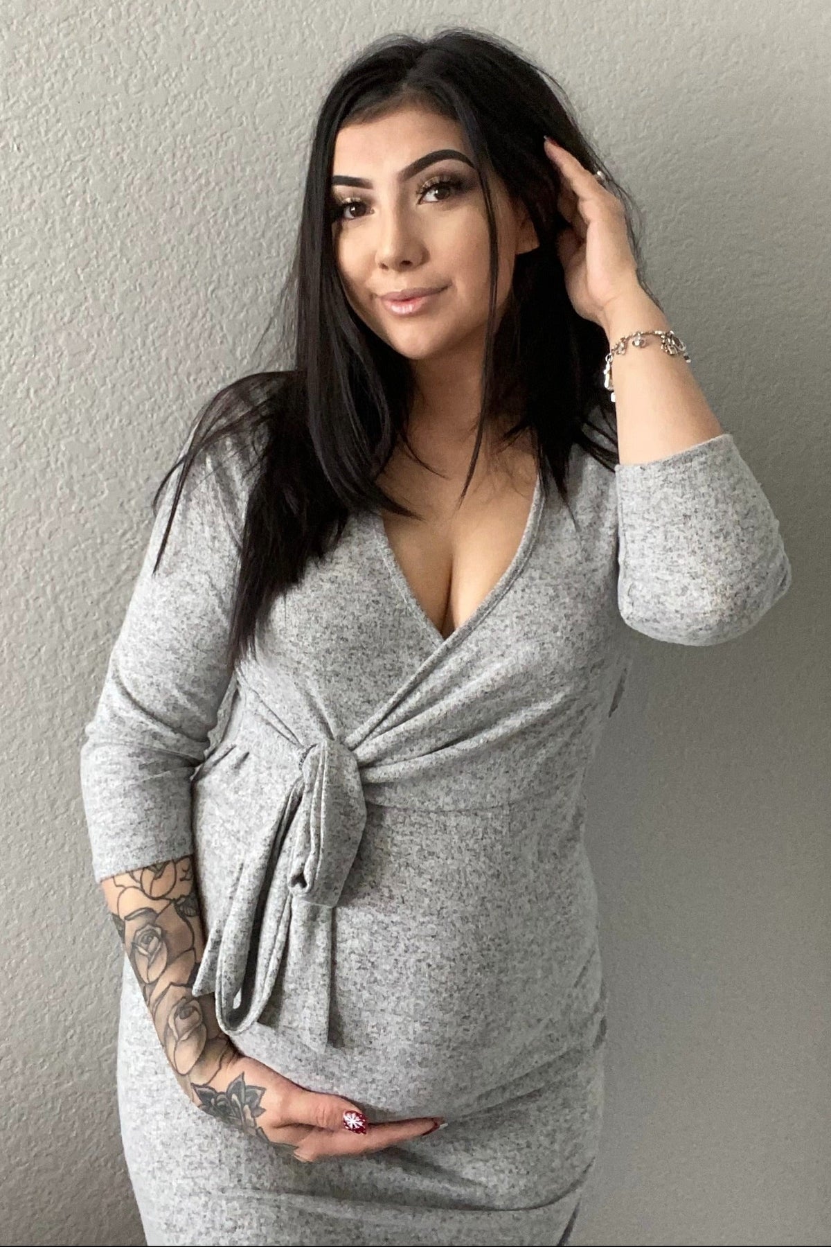 Three Little Tots Heather Grey Brushed Knit Wrap Fitted Maternity Nursing Dress, fourth additional photo