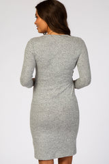 Three Little Tots Heather Grey Brushed Knit Wrap Fitted Maternity Nursing Dress, additional view