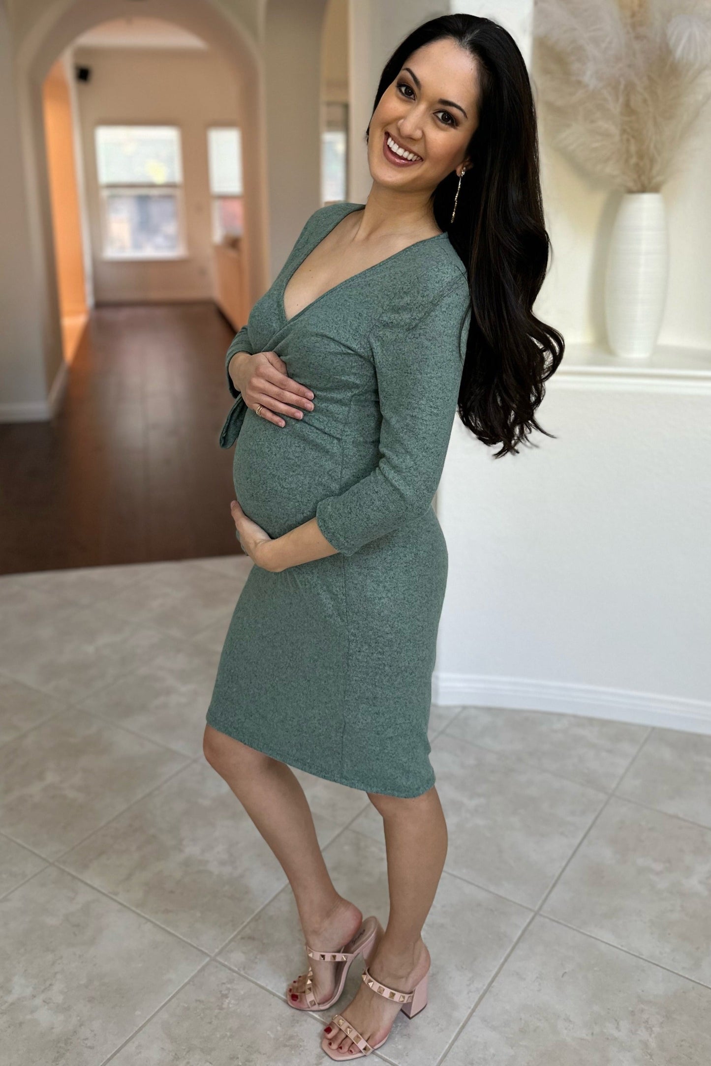 Three Little Tots Green Brushed Knit Wrap Fitted Maternity Nursing Dress, supplementary photo