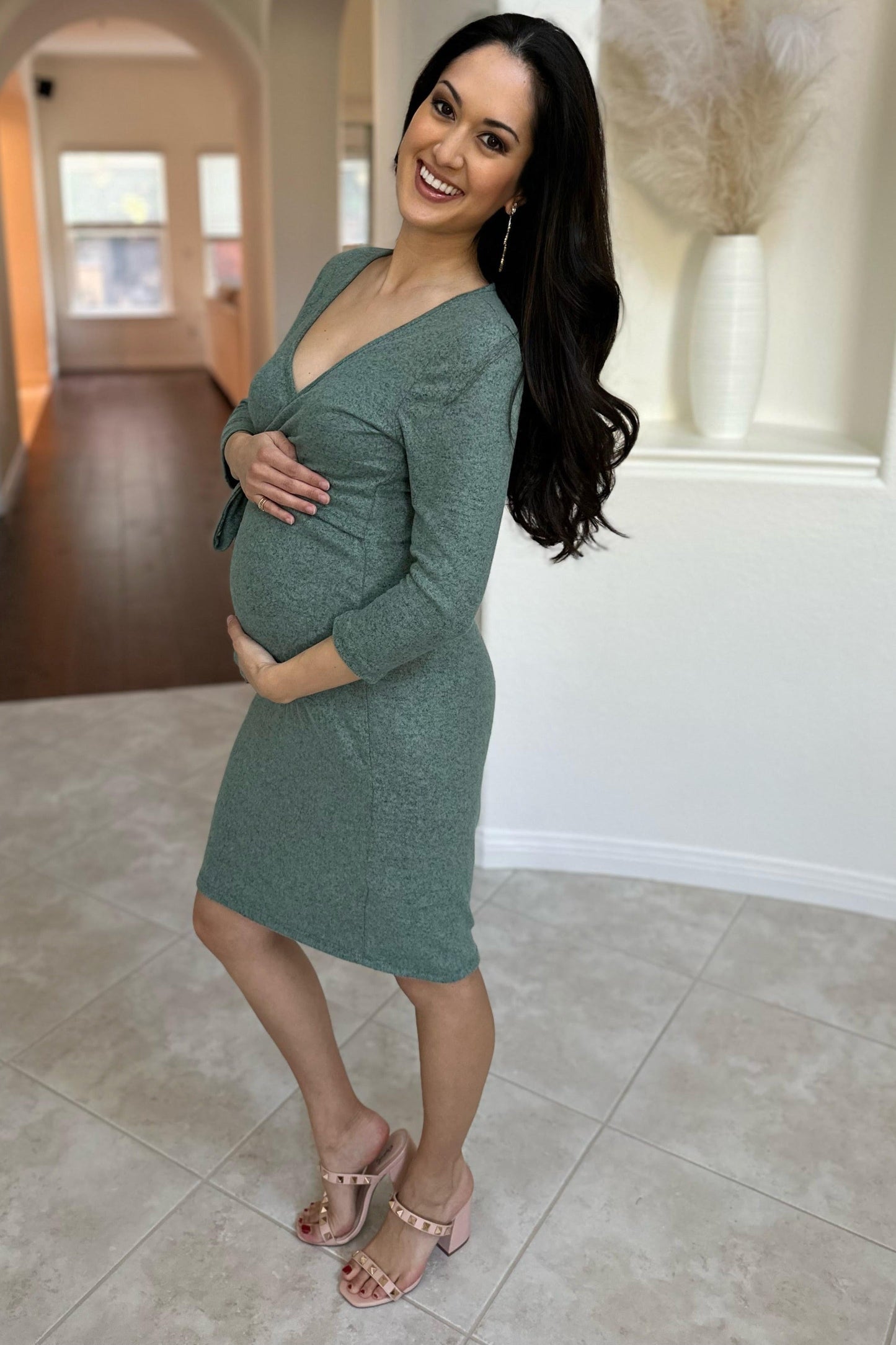 Three Little Tots Green Brushed Knit Wrap Fitted Maternity Nursing Dress, another angle