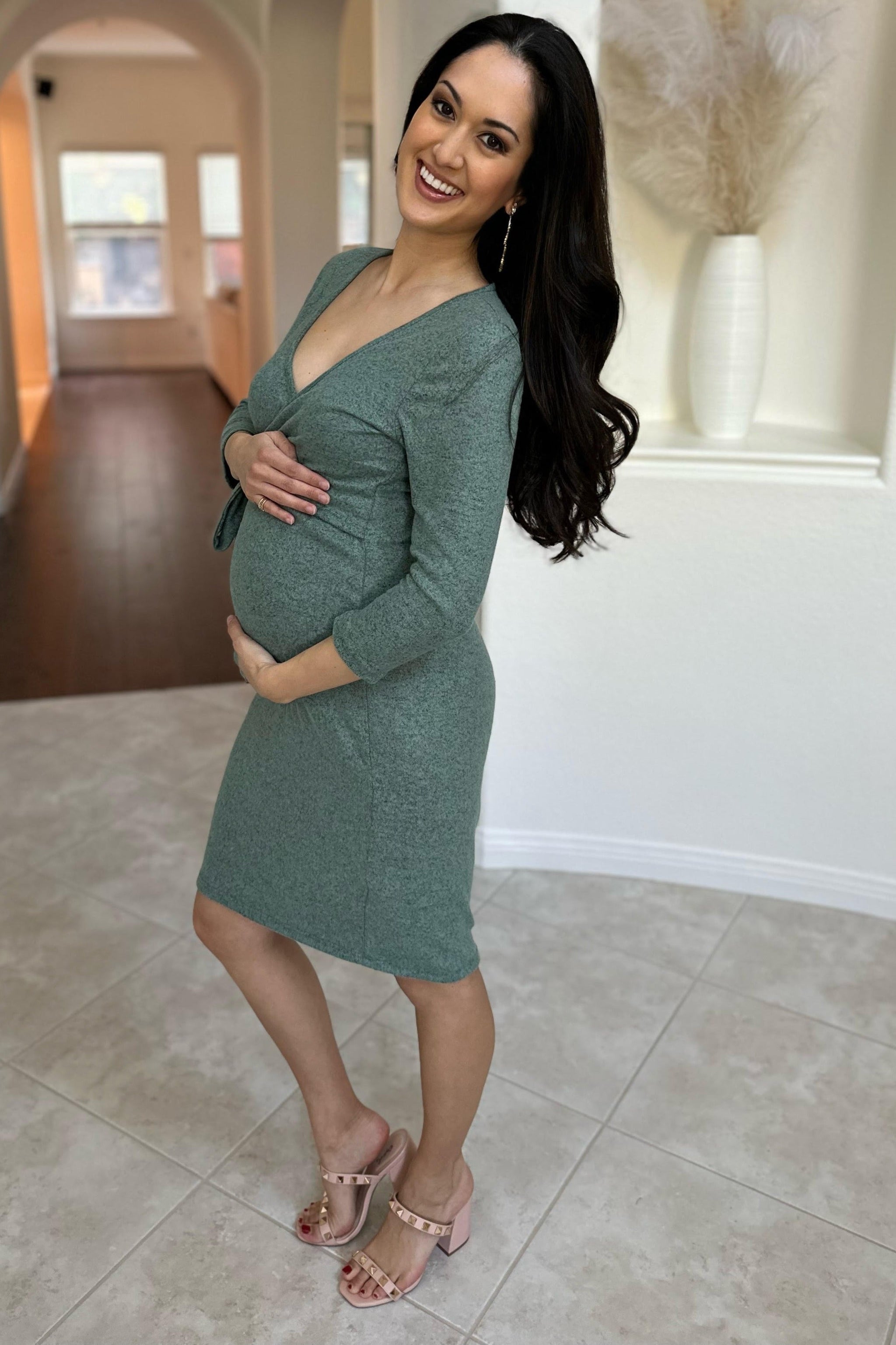 Three Little Tots Green Brushed Knit Wrap Fitted Maternity Nursing Dress, another angle