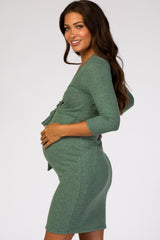 Three Little Tots Green Brushed Knit Wrap Fitted Maternity Nursing Dress, alternate angle