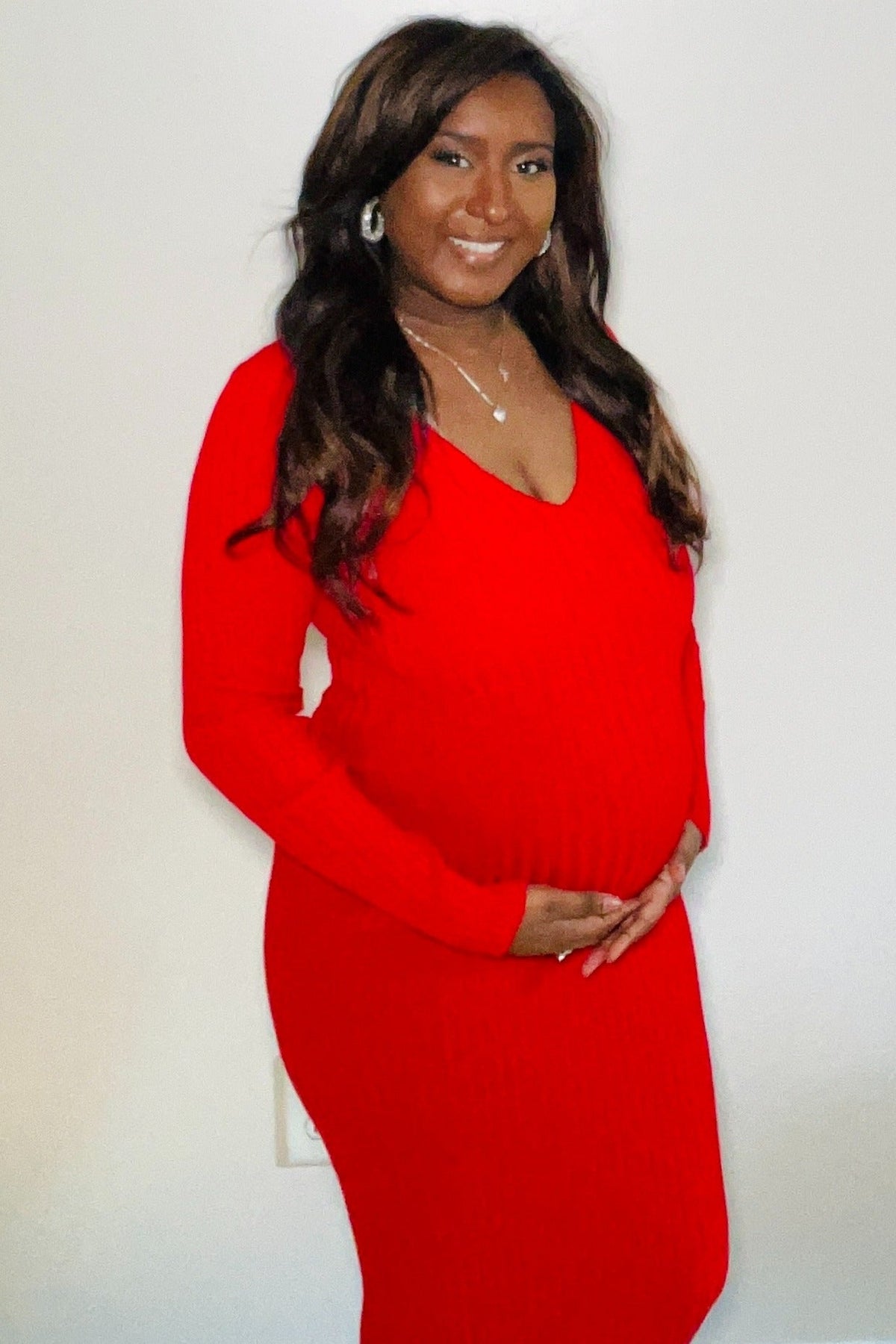 Three Little Tots Red V-Neck Long Sleeve Fitted Maternity Maxi Dress, alternate angle