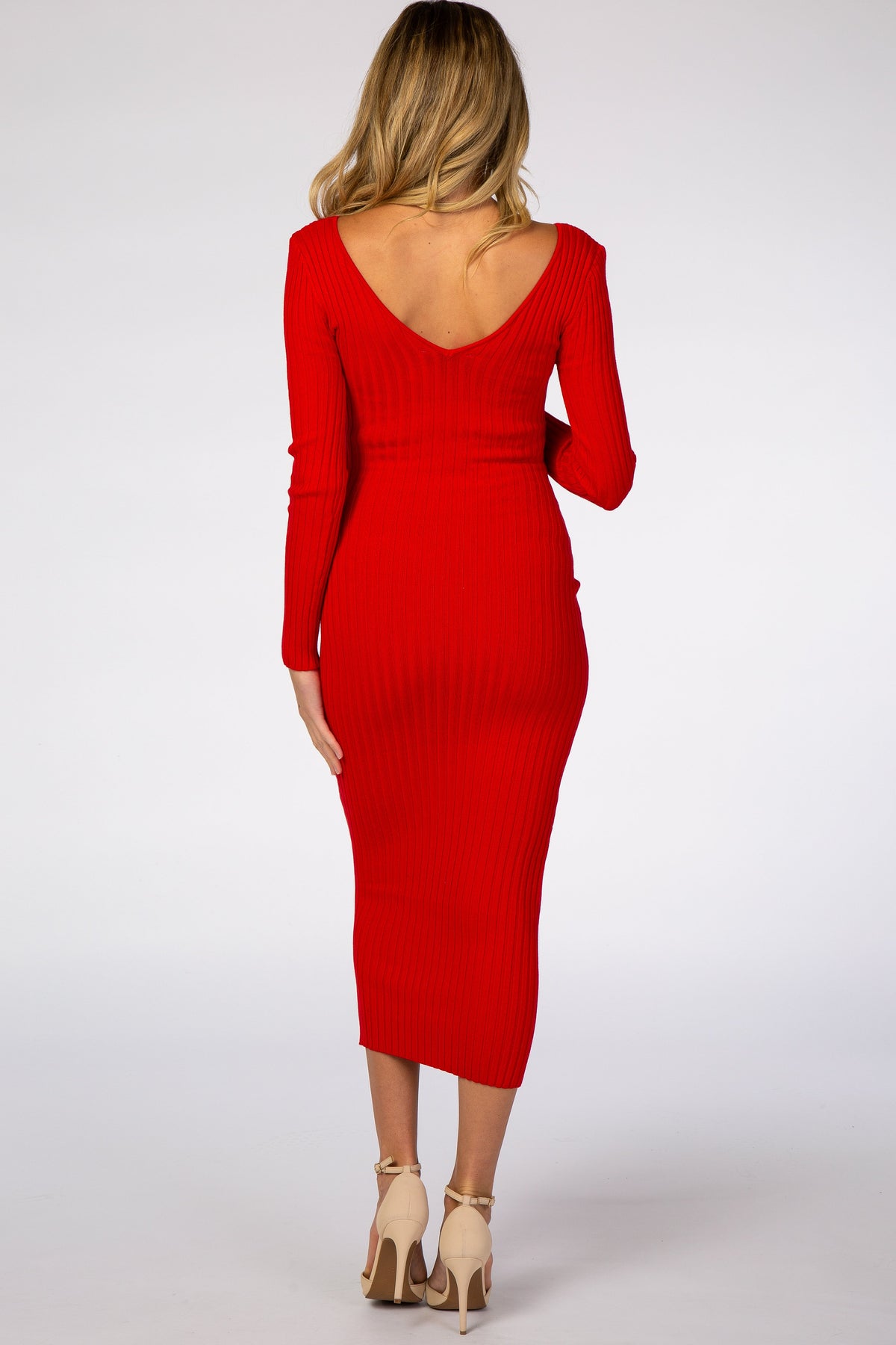 Three Little Tots Red V-Neck Long Sleeve Fitted Maternity Maxi Dress, additional product photo