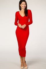 Three Little Tots Red V-Neck Long Sleeve Fitted Maternity Maxi Dress, additional view