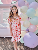 Strawberry Bow Girls Short Sleeves Dress