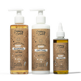 Three bottles of 'Cristina's Curls' baby care products on a white background