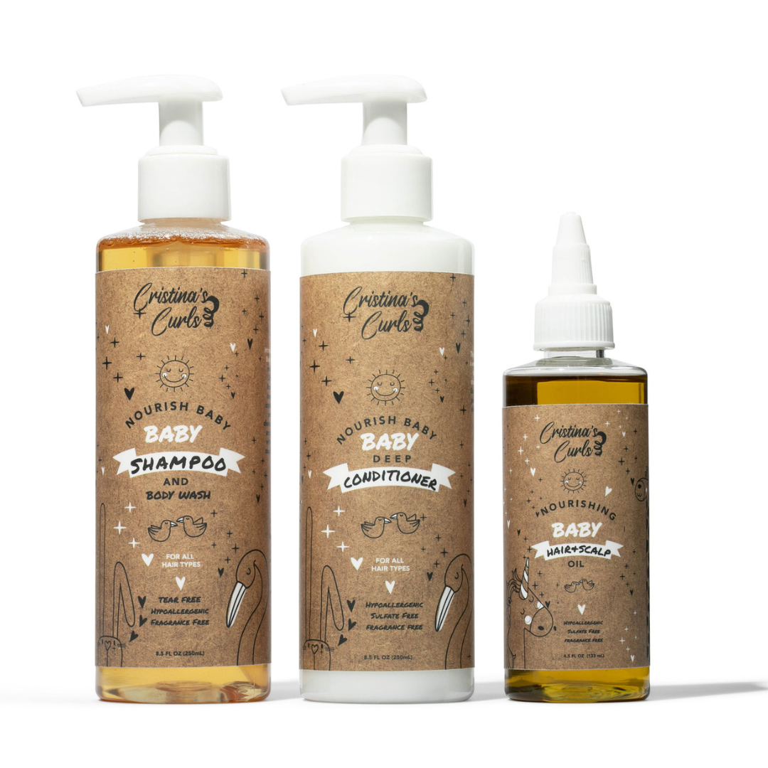 Three bottles of 'Cristina's Curls' baby care products on a white background