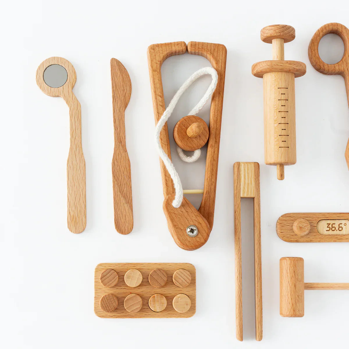 Three Little Tots Wooden Doctor Pretend Play Set Montessori Medical Tools for Kids, alternate angle