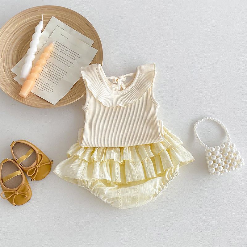 Pale Yellow/Beige Summer Girls Top and Bloomers Set