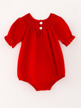Girls Bow Smocking Embroidered Red Romper