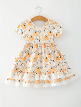 Fall Orange Girls Pumpkin Patch Pockets Dress Lace Trim