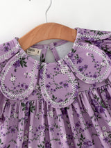 Purple Floral Girls Dress Bow Petal Collar Ruffle Hem Dress