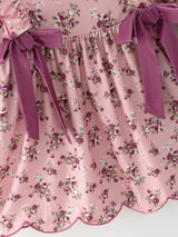 Fall Purple Rose Floral Girl Dress Bow Ruffle Long Sleeve Scalloped Hem