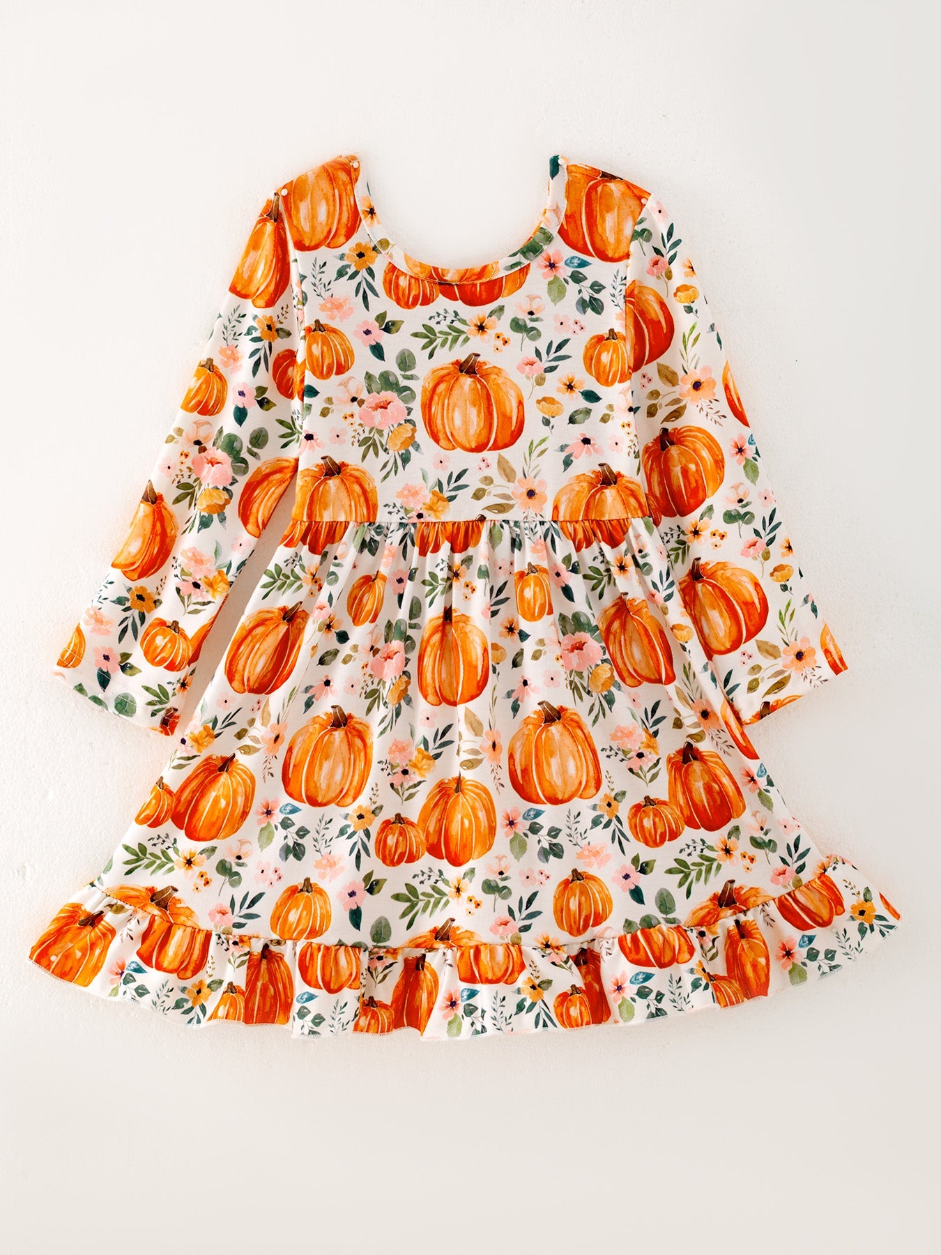 Three Little Tots Girls Fall Pumpkin Print Long Sleeve Dress, alternate angle