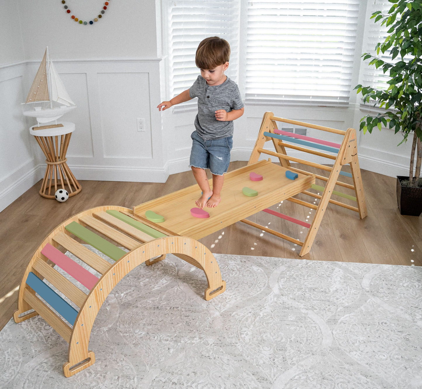 Three Little Tots Hazel Pikler Triangle Slide and Rocker Set, in Colored Bars and Rocker